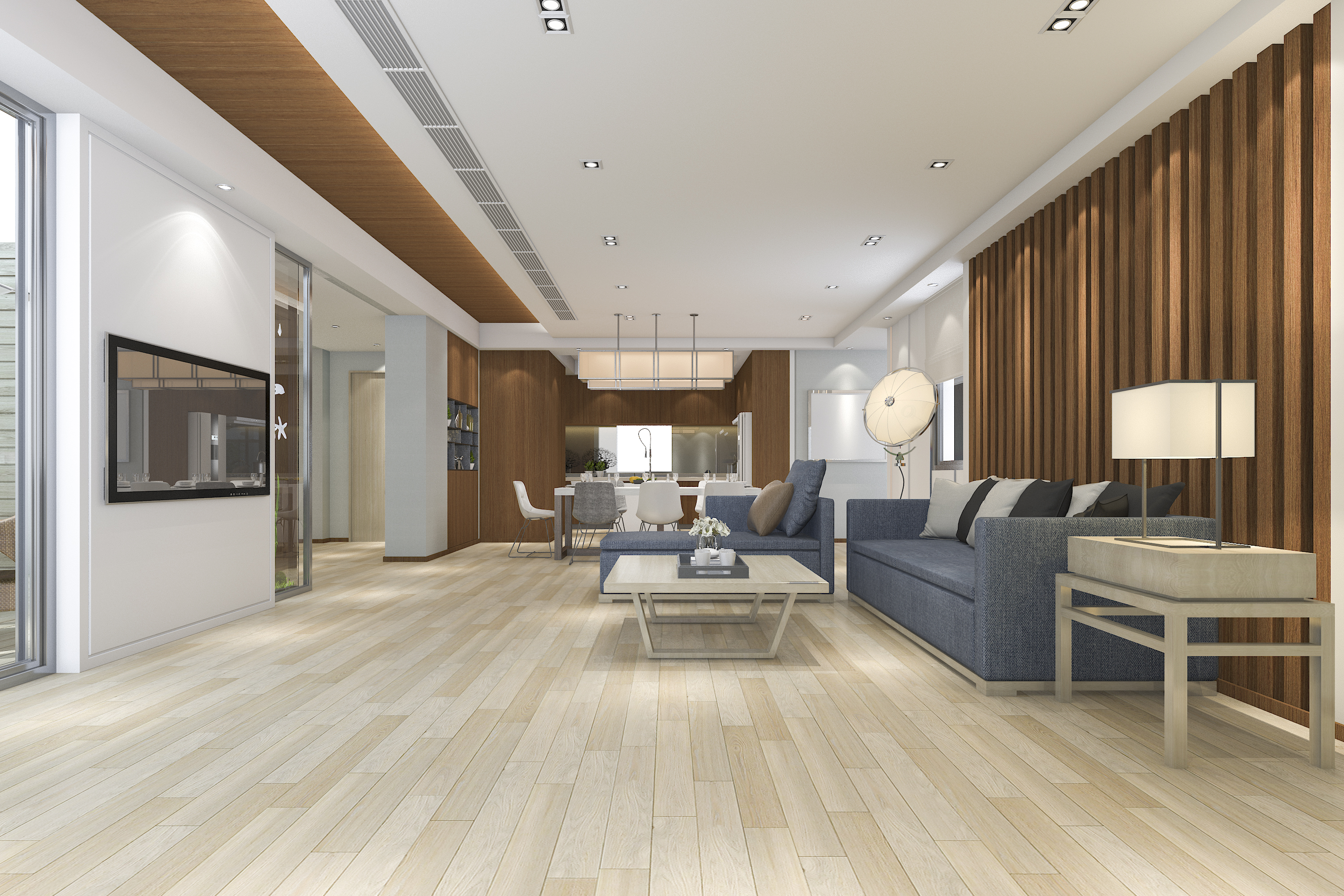 Sala amplia piso madera clara · Piso SPC MCUADRA² Costa Rica