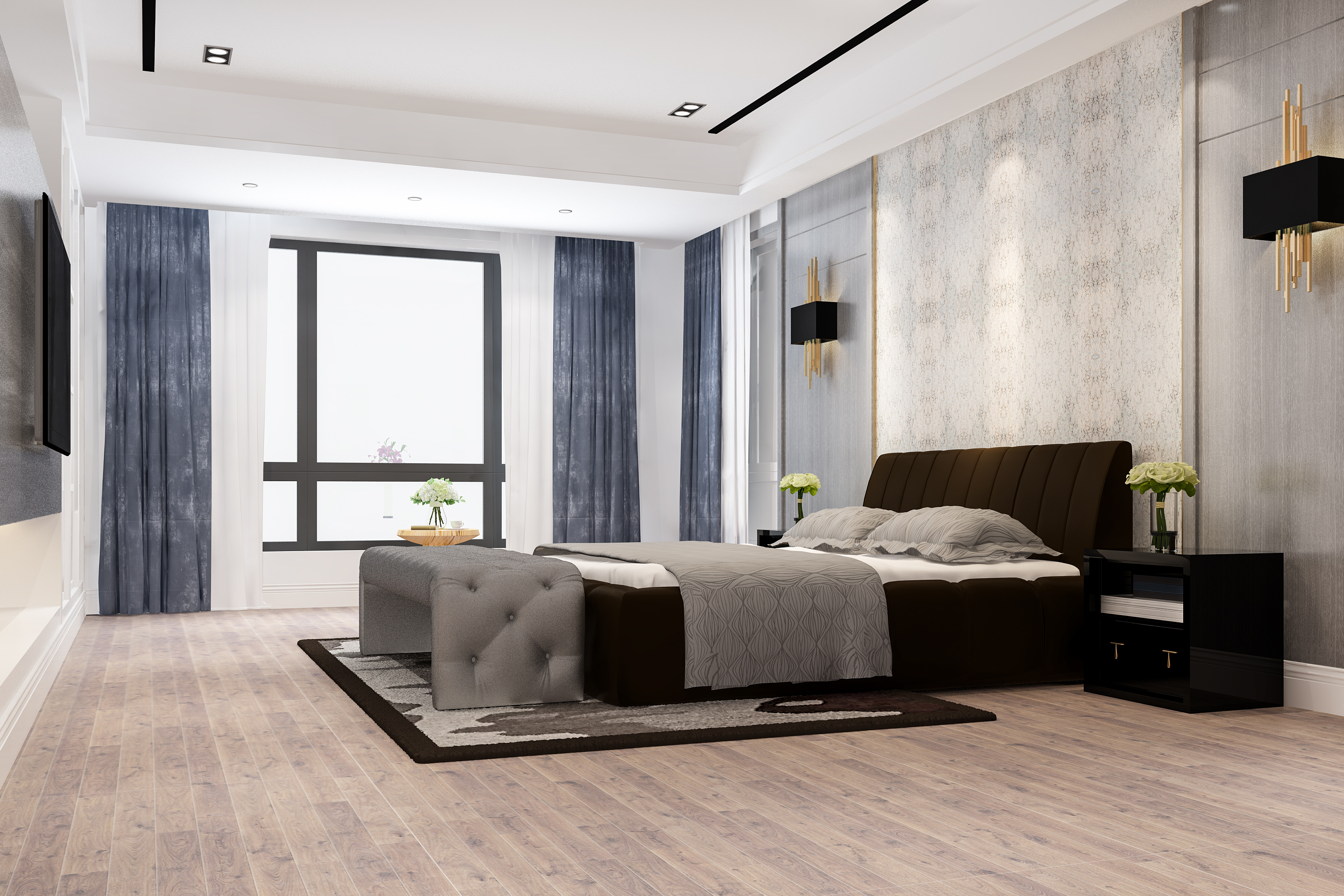 Dormitorio de lujo con piso SPC gris claro · MCUADRA² Costa Rica